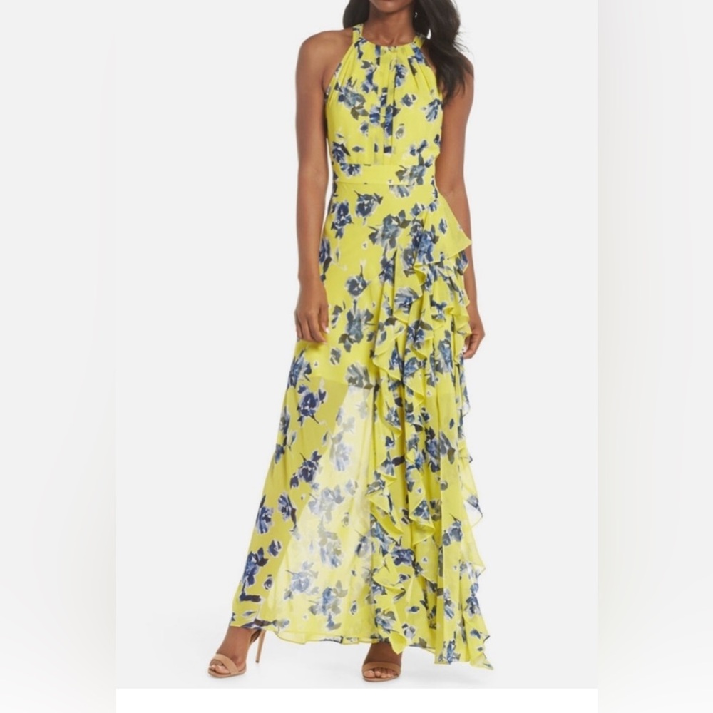 Eliza J Yellow and Blue Asymmetrical Ruffled Maxi Dress